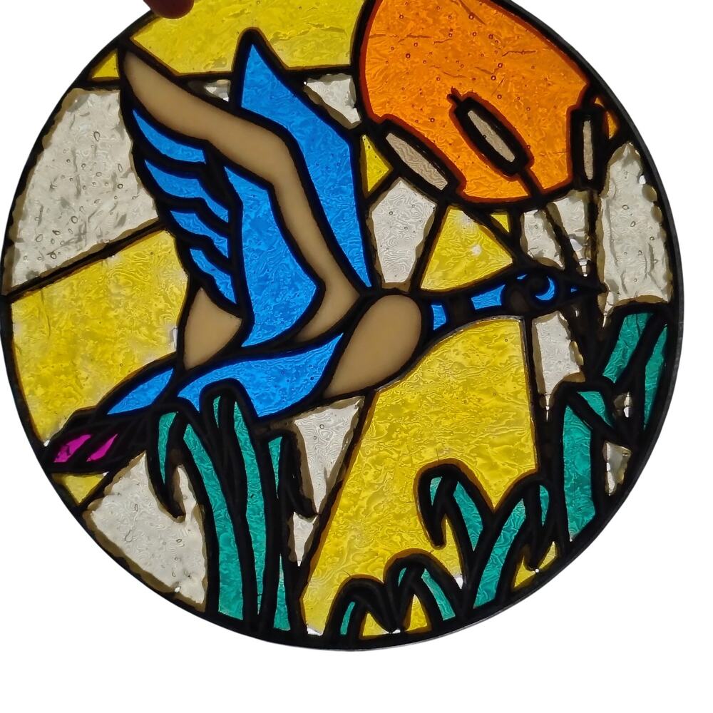 Vtg Stained Glass Window Hanging Panel Flying Blue Goose Grass Suncatcher READ